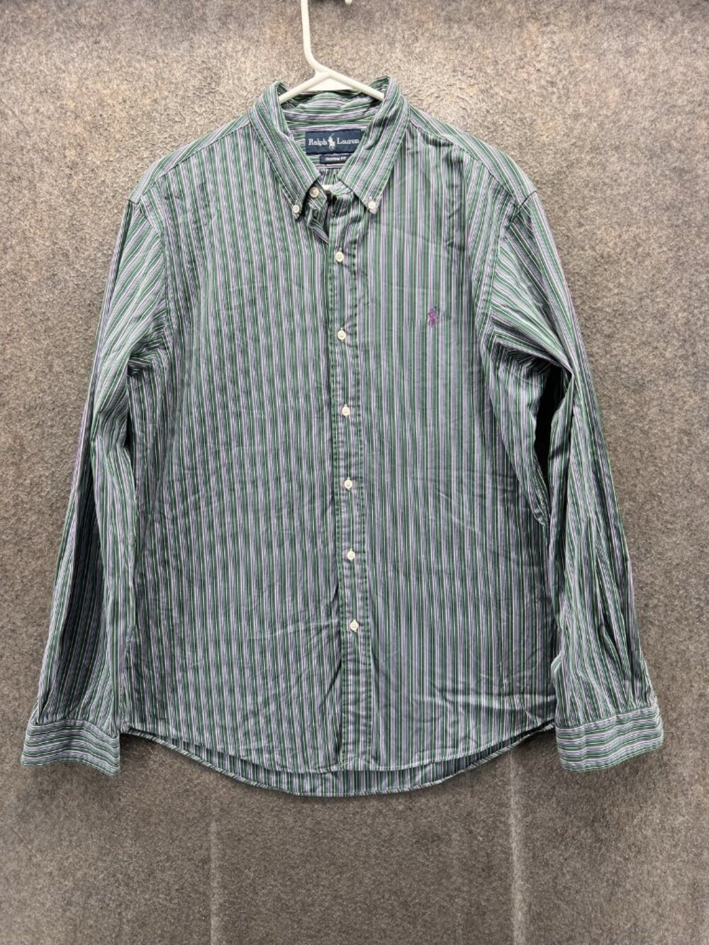 Ralph Lauren Shirt Men Large Green Stripe Long Sleeve Button Up Custom Fit